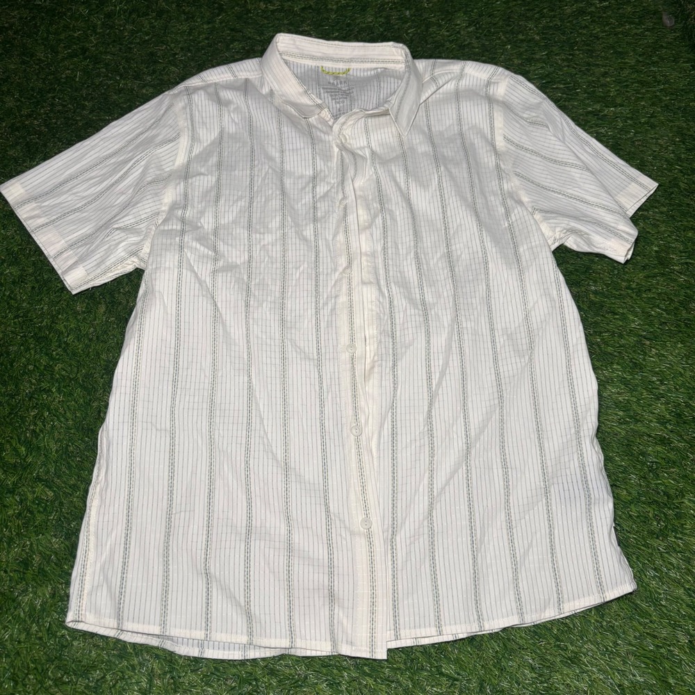 Roark Bless Up Shirt Mens Large White Striped Short Sleeve Button Up Stretch
